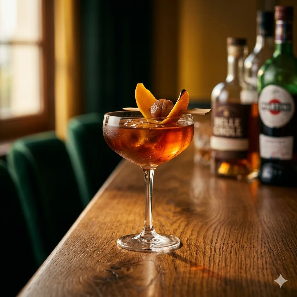 Autumn Manhattan whisky châtaigne Belle Gnole Martini Campari servi chez Brigitte Le Bar Paris 10e Canal Saint-Martin