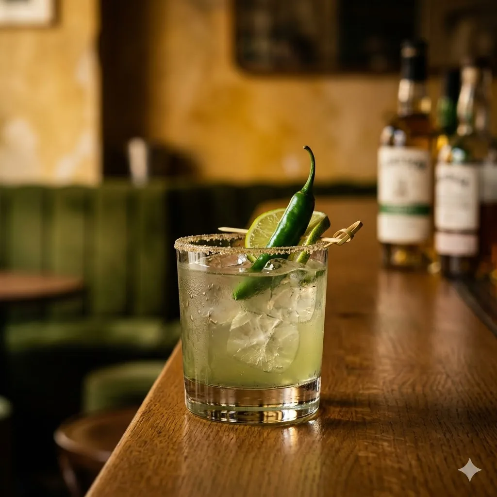 Cocktail Chile Verde mezcal piment vert sel de céleri, verre tumbler au Brigitte Le Bar, Paris 10e Canal Saint-Martin