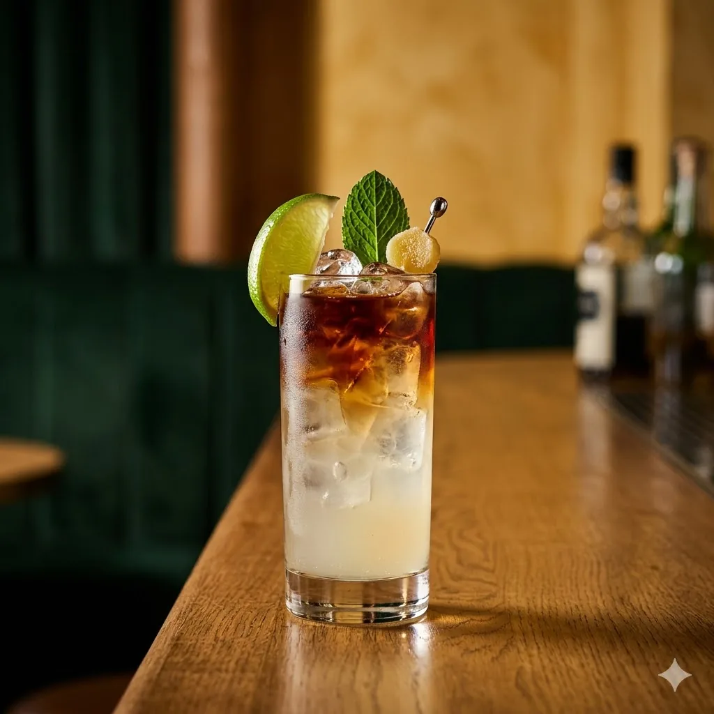 Cocktail Dark and Stormy rhum épicé Kraken et ginger beer, verre highball ambré à Brigitte Le Bar Paris 10e Canal Saint-Martin