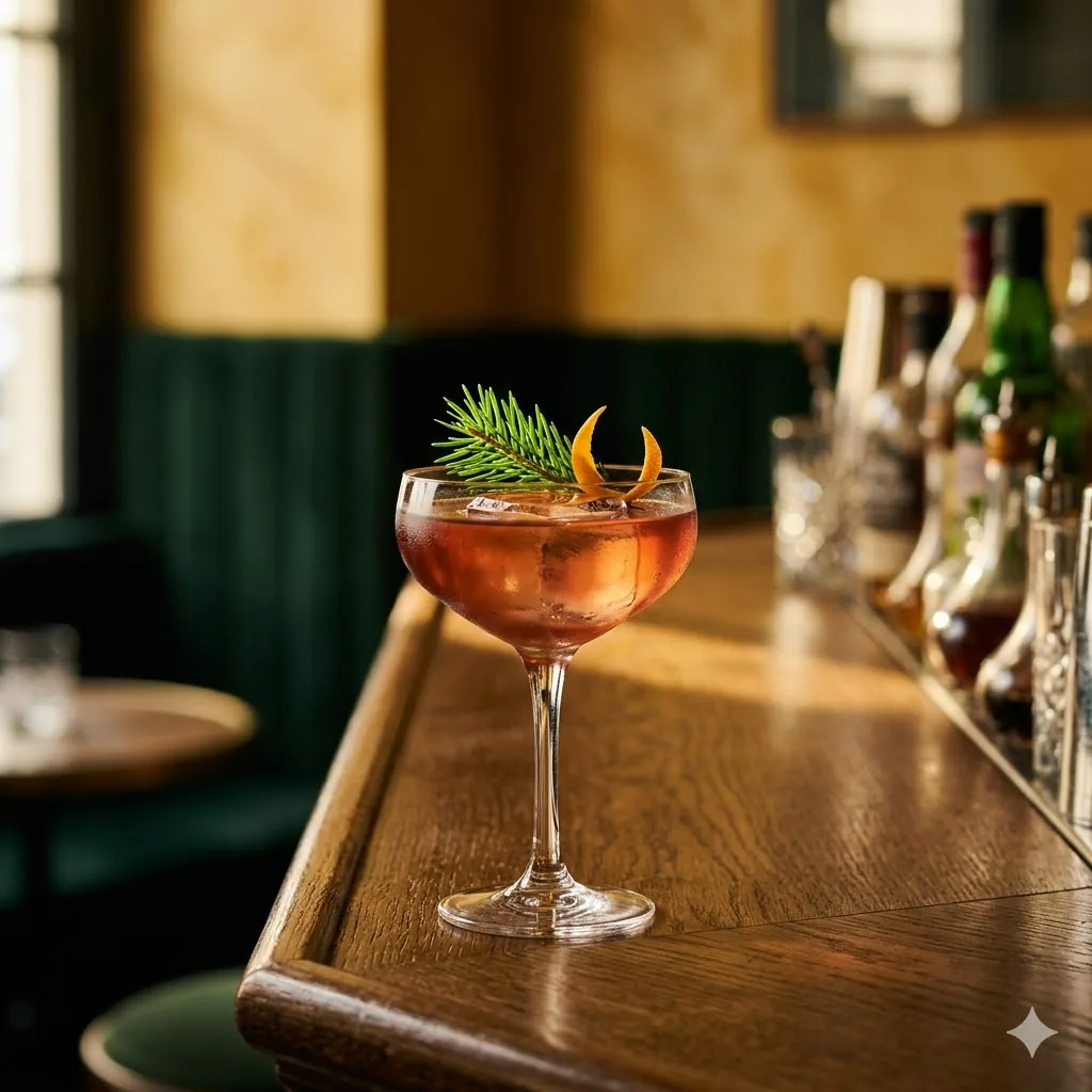 Cocktail Feliz Navidad mezcal liqueur de sapin en verre old fashioned, Brigitte Le Bar Paris 10e Canal Saint-Martin