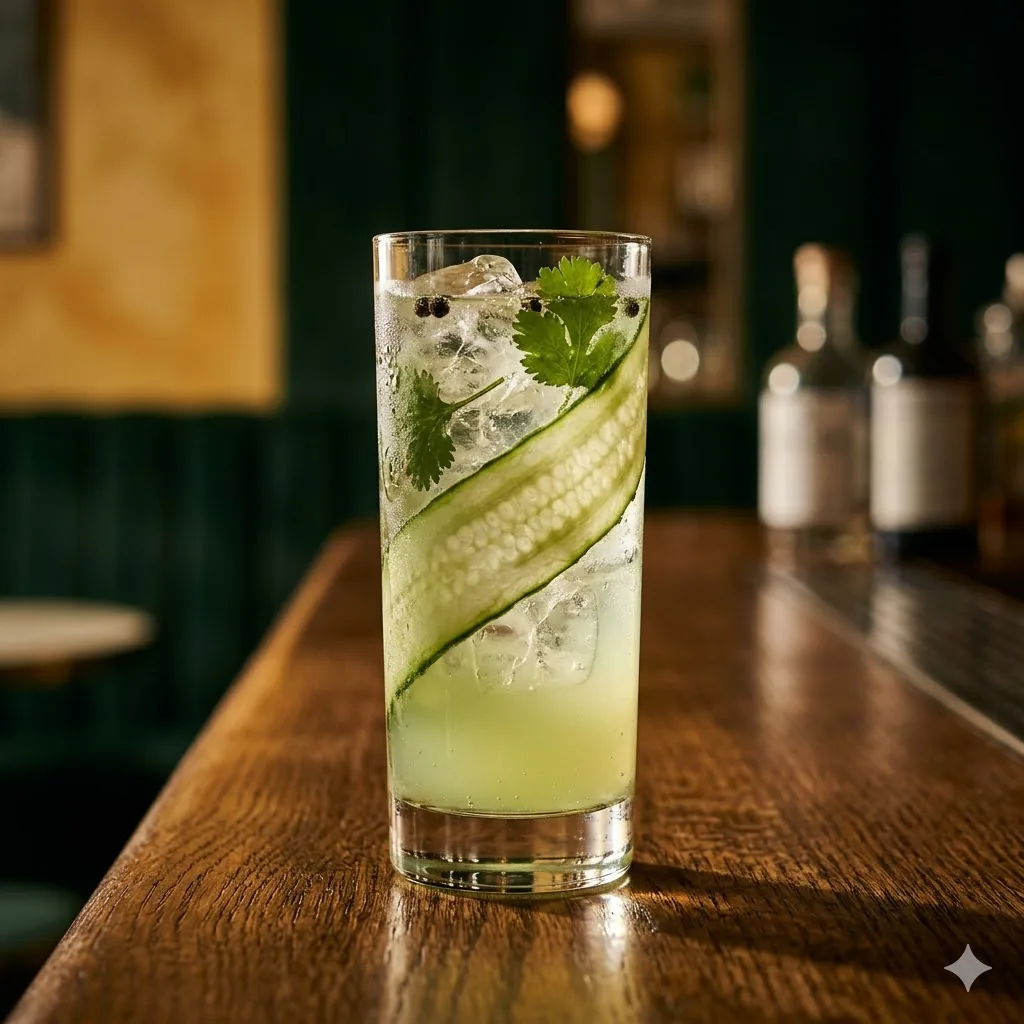 Cocktail Garden gin concombre et coriandre, rondelles fraîches, servi à Brigitte Le Bar Paris 10e près du Canal Saint-Martin