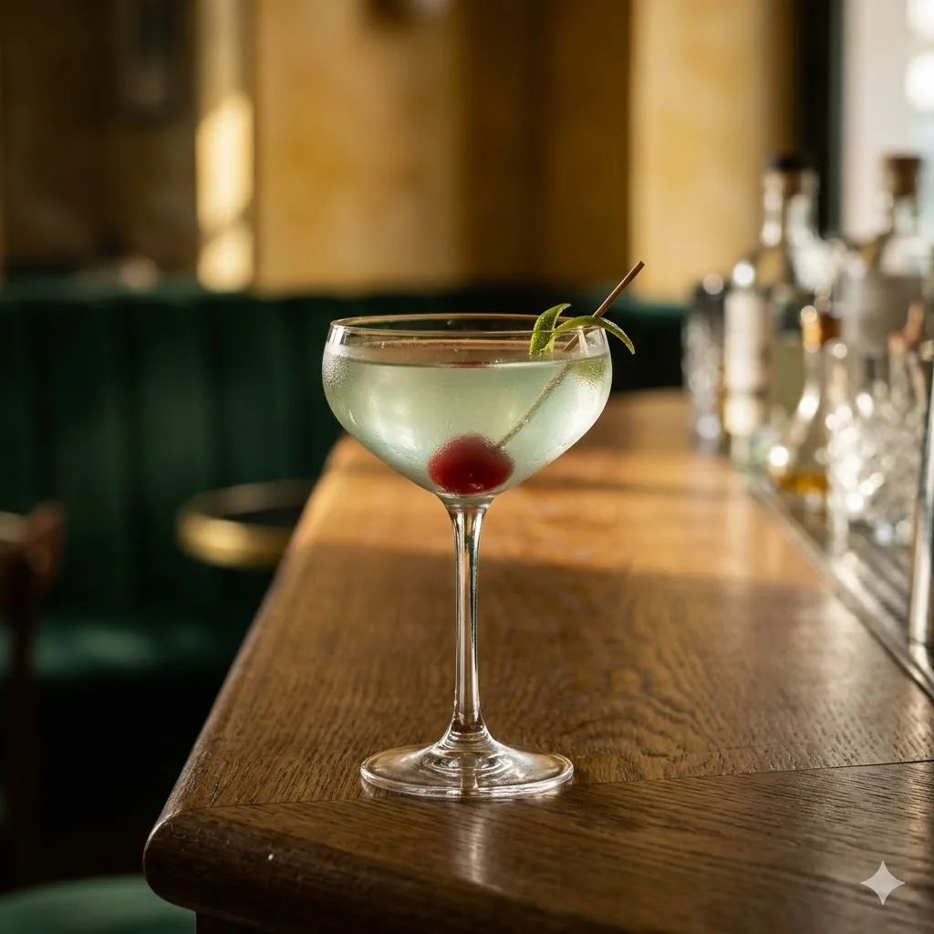 Cocktail Jardin d'hiver gin Chartreuse verte et Marasquin en coupe cristalline à Brigitte Le Bar Paris 10e Canal Saint-Martin