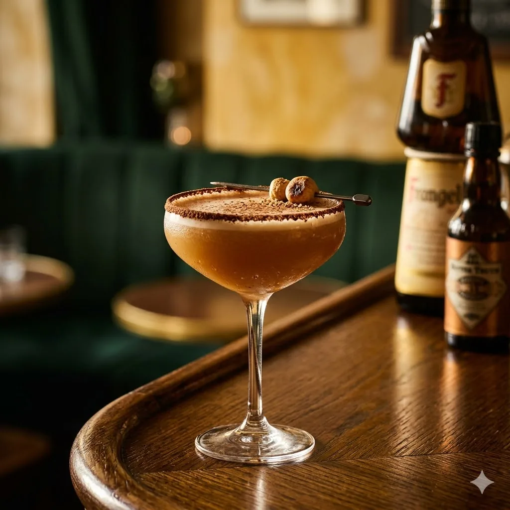 Cocktail Monk's Nuts Frangelico noisette blanc d'œuf bitter cacao mousseux, Brigitte Le Bar Paris 10e Canal Saint-Martin